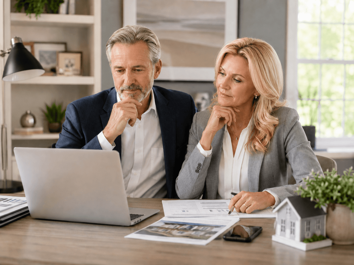Mature husband-and-wife real estate agents reviewing referral status and retirement options from a home office